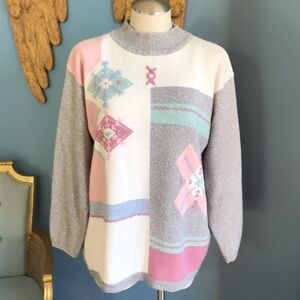 Vintage Tan Jay gray & cream color block pastels patchwork pull over sweater L